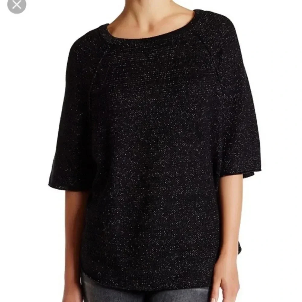 Joie Jolena Wool Cashmere Poncho Sweater XS Black Silver Metallic Shimmer Knit